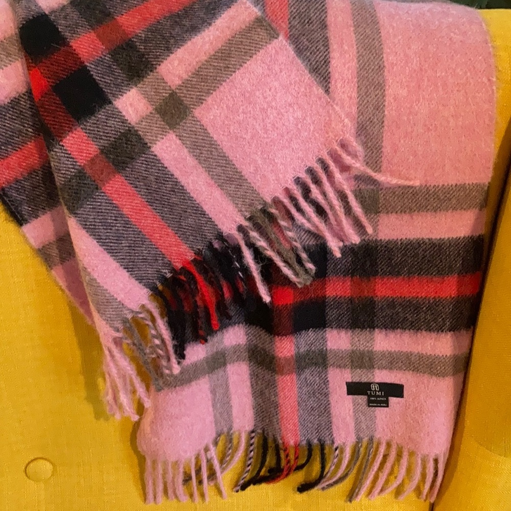 Tumi Pink and Black Plaid 100% Alpaca Scarf